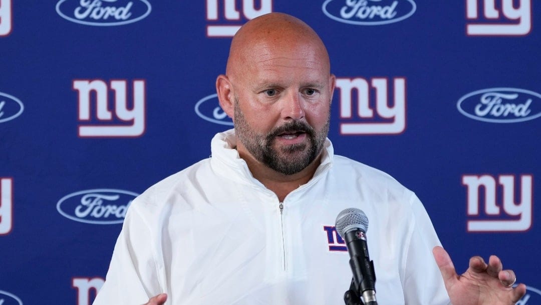 New York Giants head coach Brian Daboll responds to questions during a news conference after the team's preseason NFL football game against the Houston Texans, Saturday, Aug. 17, 2024, in Houston. (AP Photo/Eric Gay)