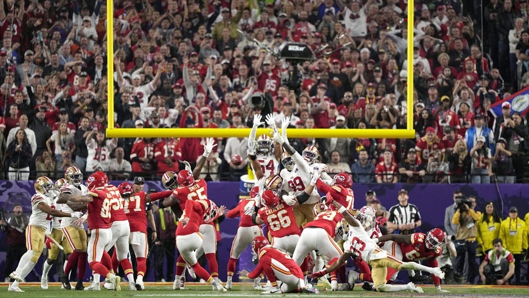 Kansas City Chiefs kicker Harrison Butker (7) kicks a field goal against the Kansas City Chiefs in NFL Super Bowl 58 football game Sunday, Feb. 11, 2024, in Las Vegas.