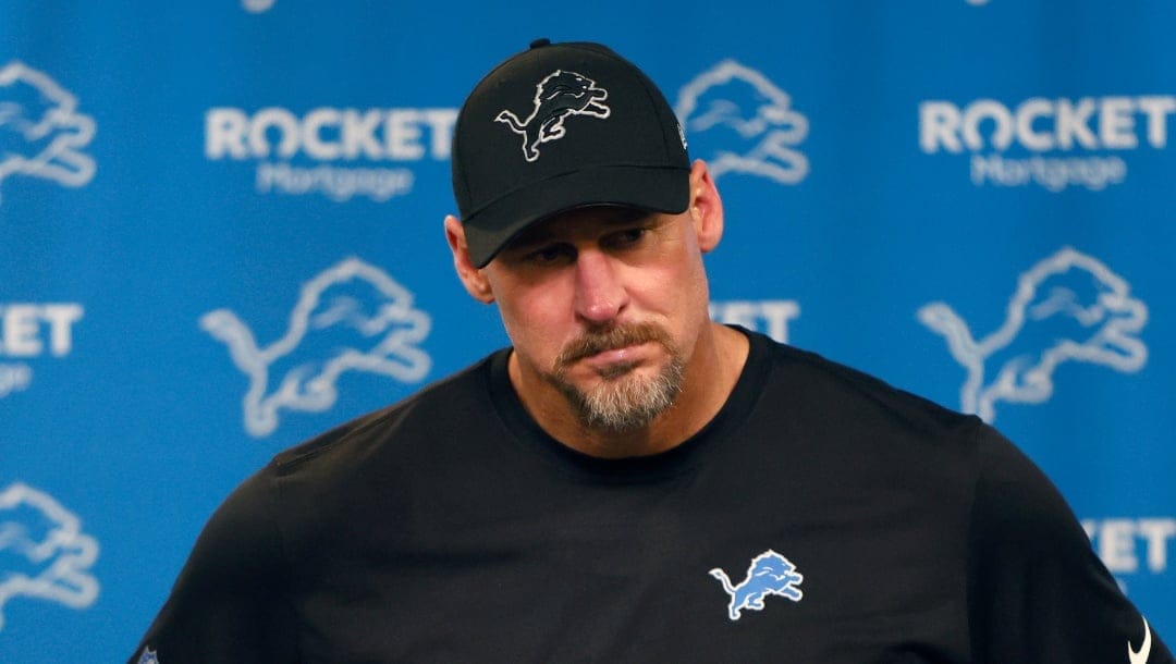 Detroit Lions head coach Dan Campbell addresses the media after an NFL football game against the Denver Broncos, Saturday, Dec. 16, 2023, in Detroit. (AP Photo/Duane Burleson)