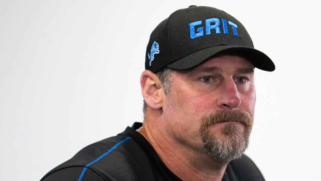 Detroit Lions head coach Dan Campbell speaks before an NFL football practice in Allen Park, Mich., Thursday, May 23, 2024. (AP Photo/Paul Sancya)