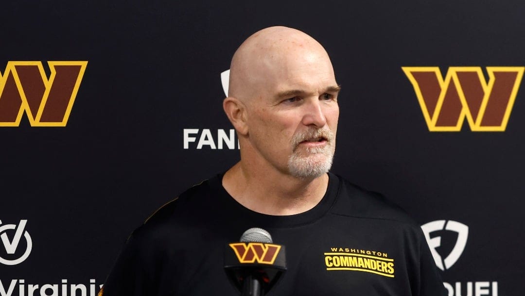 Washington Commanders head coach Dan Quinn speaks during a news conference after a preseason NFL football game against the Miami Dolphins, Saturday, Aug. 17, 2024, in Miami Gardens, Fla. (AP Photo/Rhona Wise)