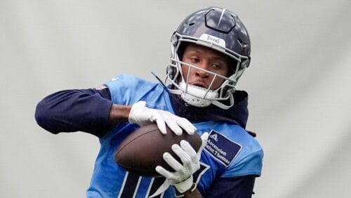 Tennessee Titans wide receiver DeAndre Hopkins makes a catch during NFL football practice Tuesday, June 4, 2024, in Nashville, Tenn. (AP Photo/George Walker IV)