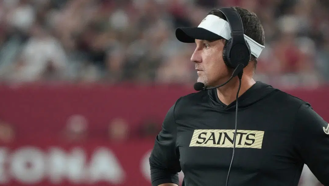 New Orleans Saints head coach Dennis Allen during a preseason NFL football game against the Arizona Cardinals, Saturday, Aug. 10, 2024, in Glendale, Ariz. (AP Photo/Rick Scuteri)