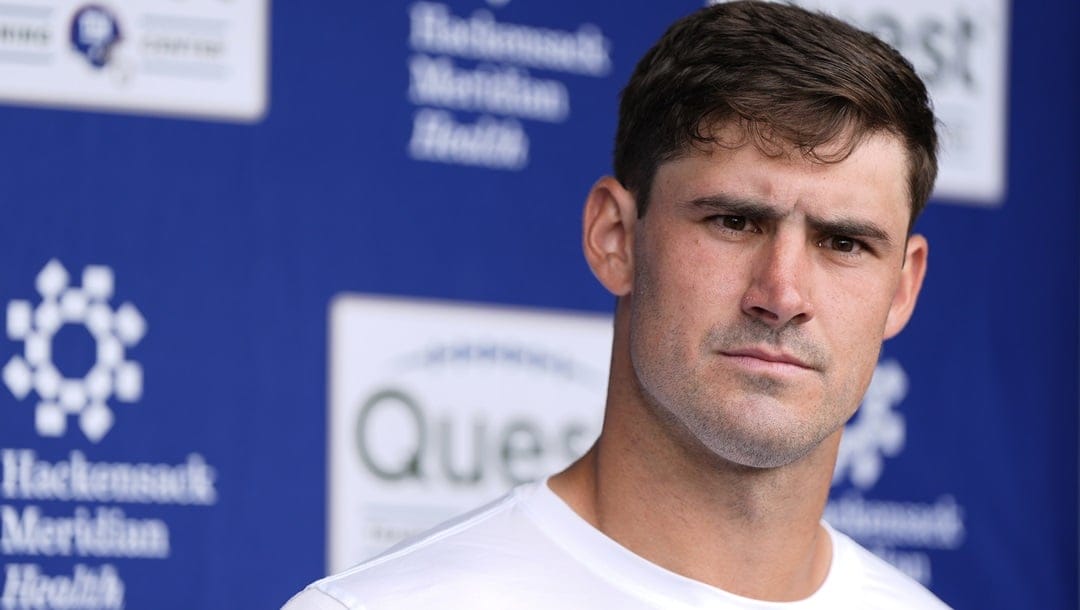 New York Giants quarterback Daniel Jones speaks during a press conference following an NFL football practice, Tuesday, June 11, 2024, in East Rutherford, N.J.