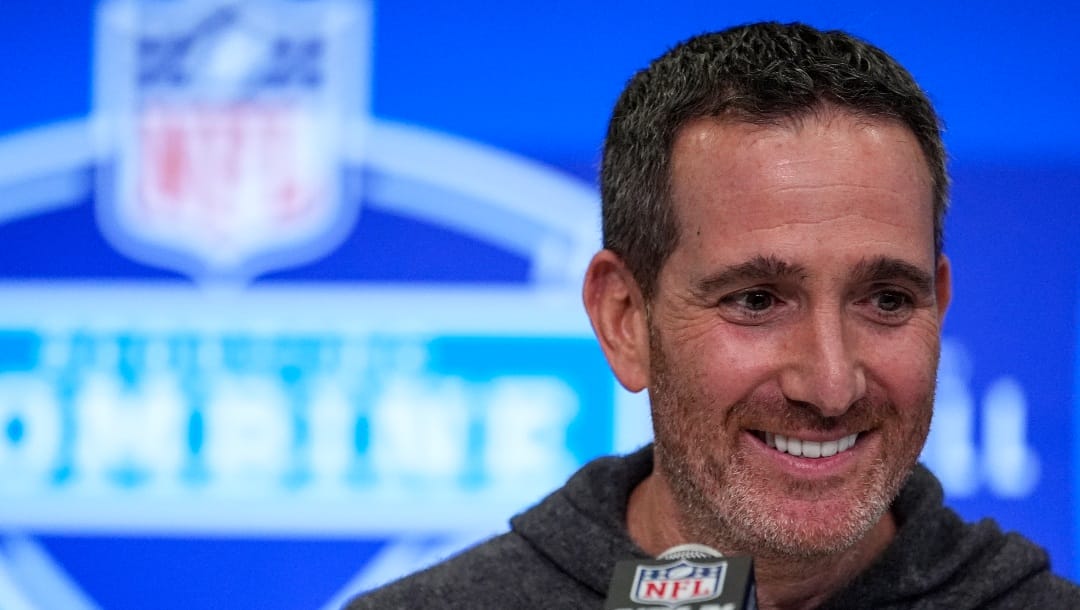 Philadelphia Eagles general manager Howie Roseman speaks during a press conference at the NFL football scouting combine in Indianapolis, Tuesday, Feb. 27, 2024. (AP Photo/Michael Conroy)