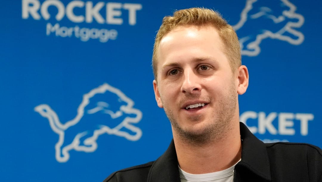 Detroit Lions quarterback Jared Goff addresses the media during an NFL football news conference, Thursday, May 16, 2024, in Allen Park, Mich. The Lions announced that they have signed Goff to a contract extension through the 2028 season. (AP Photo/Carlos Osorio)