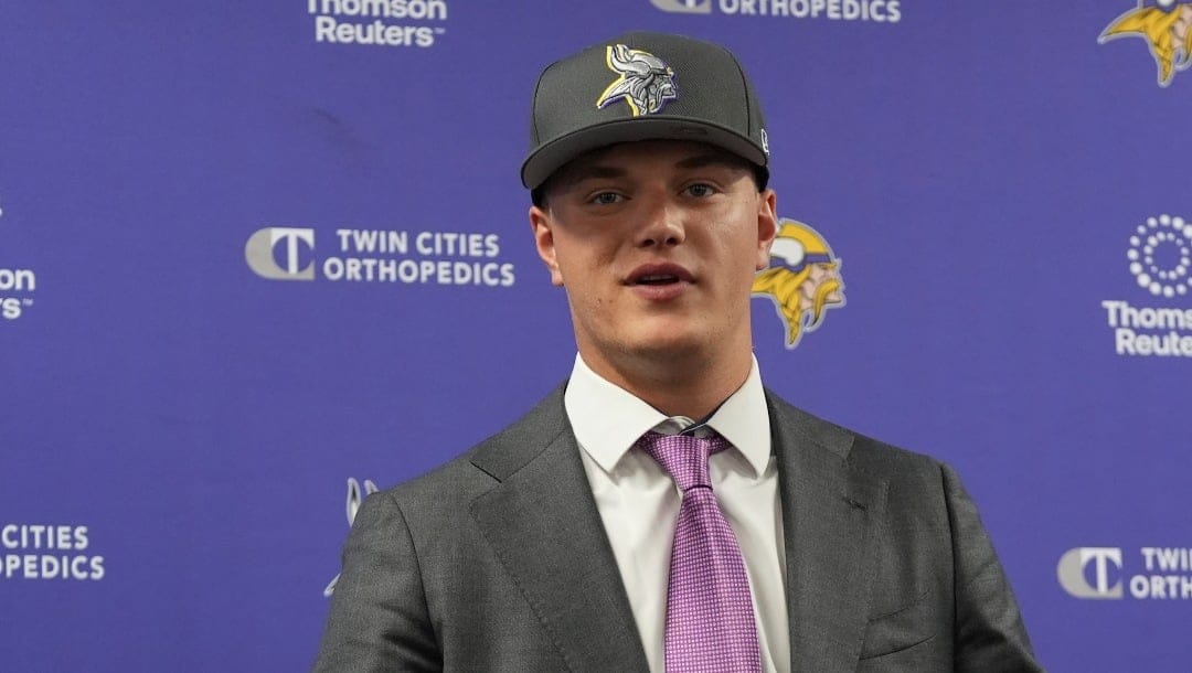 Minnesota Vikings first round draft pick J.J. McCarthy speaks at an NFL football press conference in Eagan, Minn., Friday, April 26, 2024. (AP Photo/Abbie Parr)