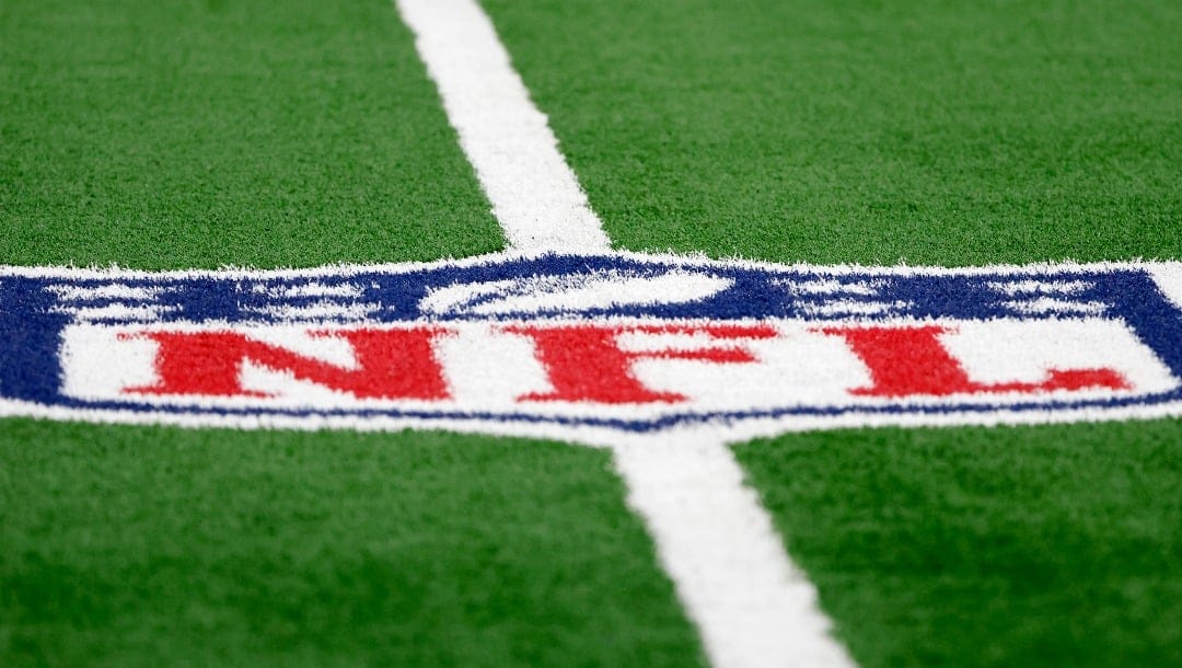 The NFL logo, on the field, during an NFL Football game in Arlington, Texas, Sunday, Nov. 23, 2023. (AP Photo/Michael Ainsworth)