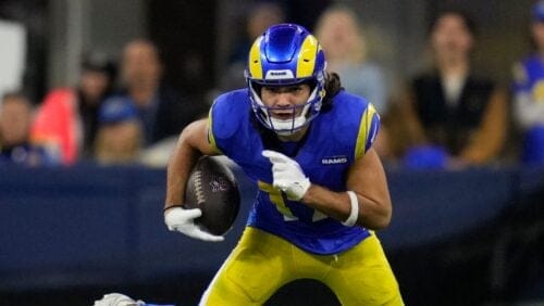 Los Angeles Rams wide receiver Puka Nacua (17) runs after a catch during the second half of an NFL football game against the New Orleans Saints, Thursday, Dec. 21, 2023, in Inglewood, Calif. (AP Photo/Ashley Landis)