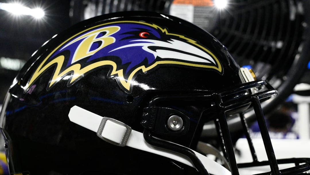 A Baltimore Ravens helmet is seen during the second half of an NFL preseason football game against the Philadelphia Eagles, Friday, August. 9, 2024, in Baltimore. (AP Photo/Nick Wass)