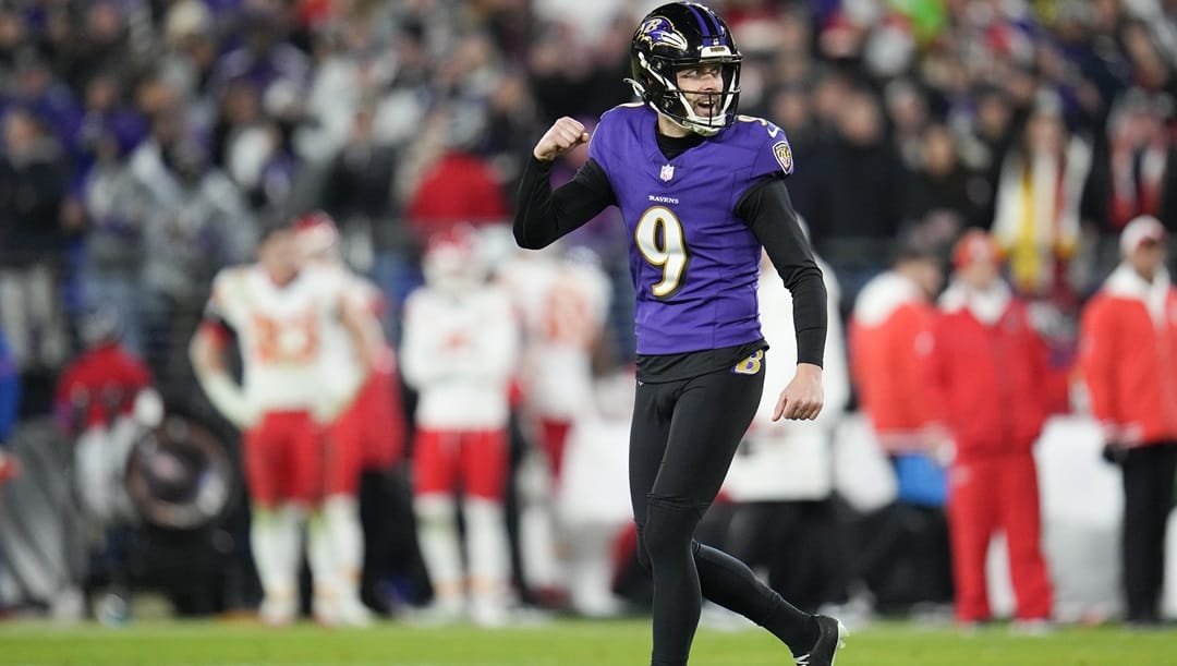 Baltimore Ravens place kicker Justin Tucker (9) reacts after kicking a field goal during the AFC Championship NFL football game between the Baltimore Ravens and the Kansas City Chiefs, Sunday, Jan. 28, 2024, in Baltimore. The Chiefs won 17-10.