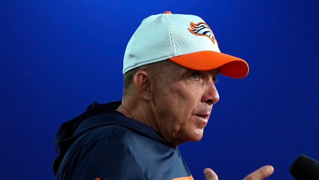 Denver Broncos head coach Sean Payton speaks during a news conference following a preseason NFL football game against the Green Bay Packers, Sunday, Aug. 18, 2024, in Denver. (AP Photo/Jack Dempsey)