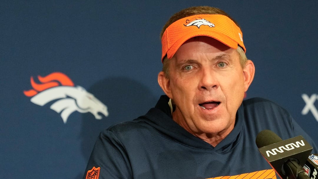 Denver Broncos head coach Sean Payton answers questions during a news conference after a preseason NFL football game against the Indianapolis Colts, Sunday, Aug. 11, 2024, in Westfield, Ind. (AP Photo/AJ Mast)