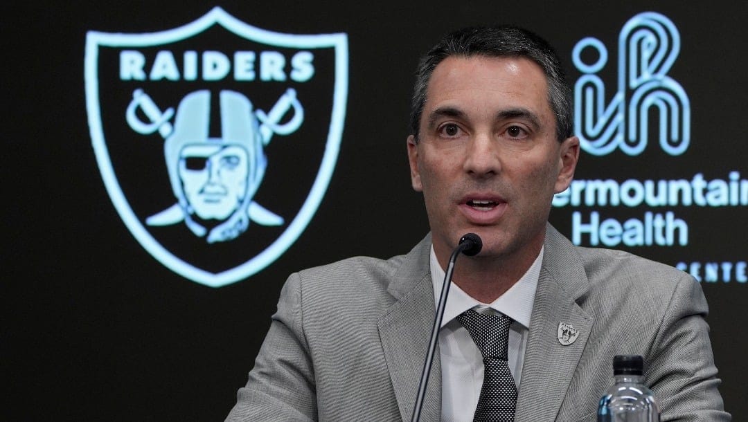 Las Vegas Raiders general manager Tom Telesco speaks at a news conference Wednesday, Jan. 24, 2024, in Henderson, Nev. (AP Photo/John Locher)