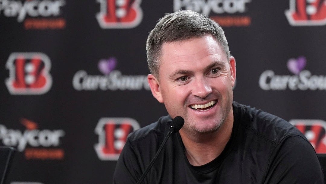 Cincinnati Bengals head coach Zac Taylor speaks during a press conference before the NFL football team's training camp on Wednesday, July 24, 2024, in Cincinnati. (AP Photo/Emilee Chinn)