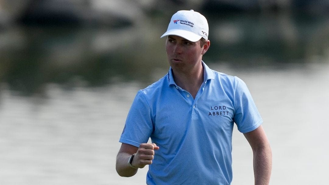 Ben Griffin reacts after making his putt on the 10th hole of the Pete Dye Stadium Course during the final round of the American Express golf tournament, Sunday, Jan. 21, 2024, in La Quinta, Calif.