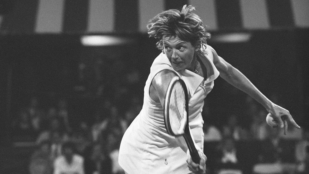 Margret Court of Australia, lunges for a backhand shot during quarterfinal action against Martina Navratilova of Czechoslovakia t the U.S. OpenTennis Championships in Forest Hills, New York, Sept. 3, 1975. Navratilova defeated Court 6-2, 6-4 to move into the semifinals.