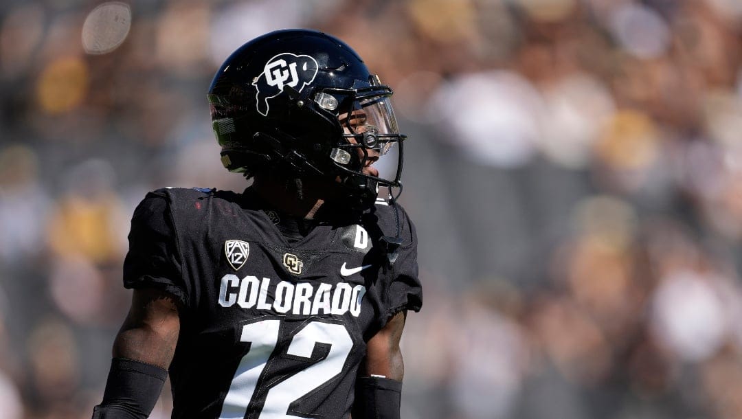 Colorado cornerback Travis Hunter (12) in the first half of an NCAA college football game Saturday, Sept. 9, 2023, in Boulder, Colo. (AP Photo/David Zalubowski)