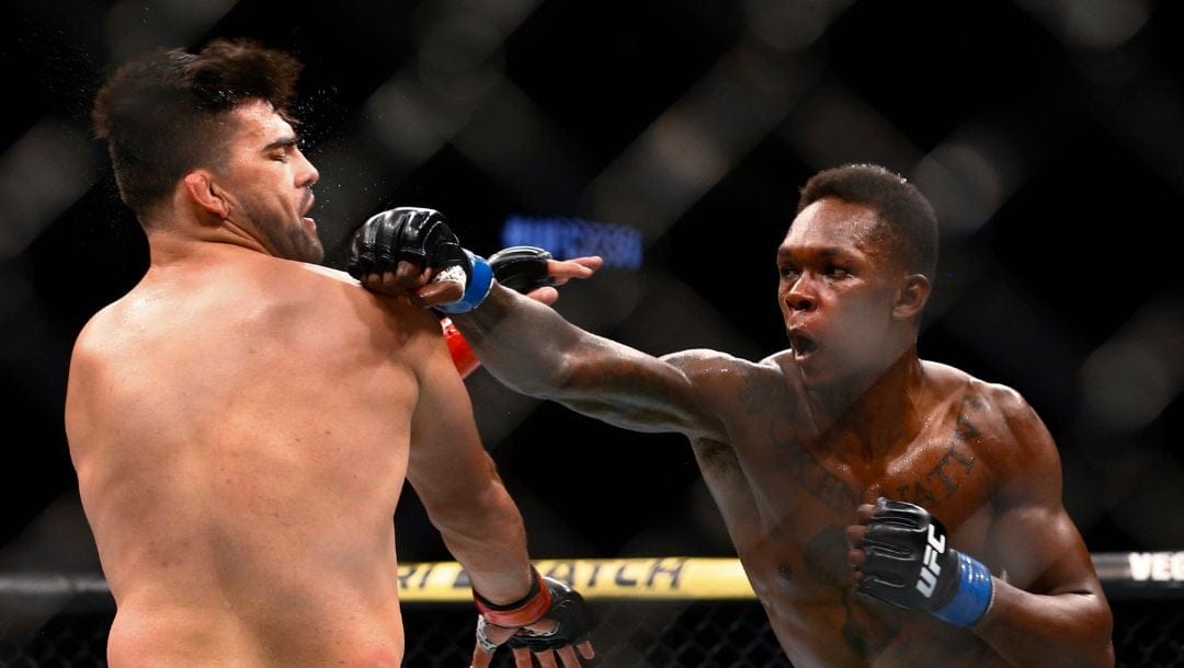 Kelvin Gastelum and Israel Adesanya fight during a middleweight mixed martial arts bout at UFC 236 in Atlanta on Saturday.