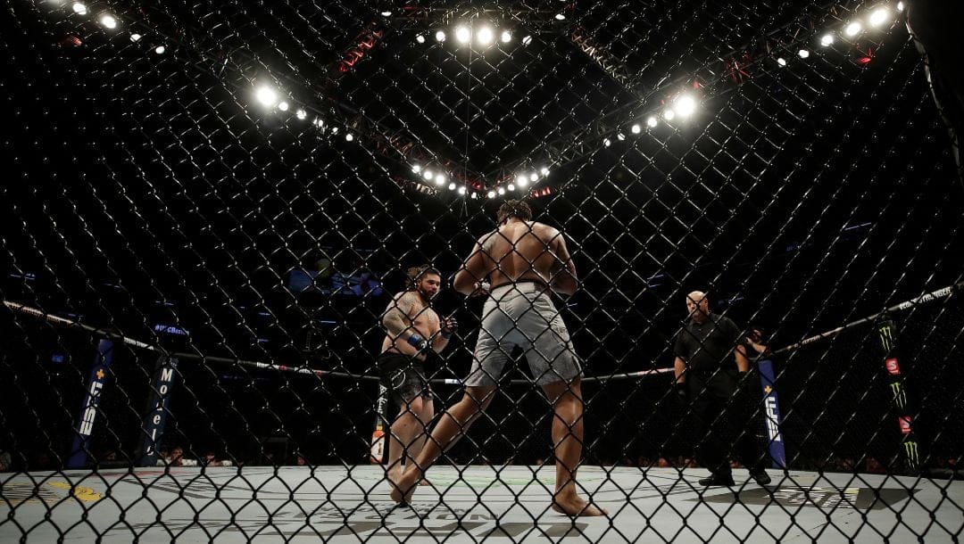 Ben Sosoli, left, fights Greg Hardy during a heavyweight mixed martial arts bout, Friday, Oct. 18, 2019, at UFC Fight Night.