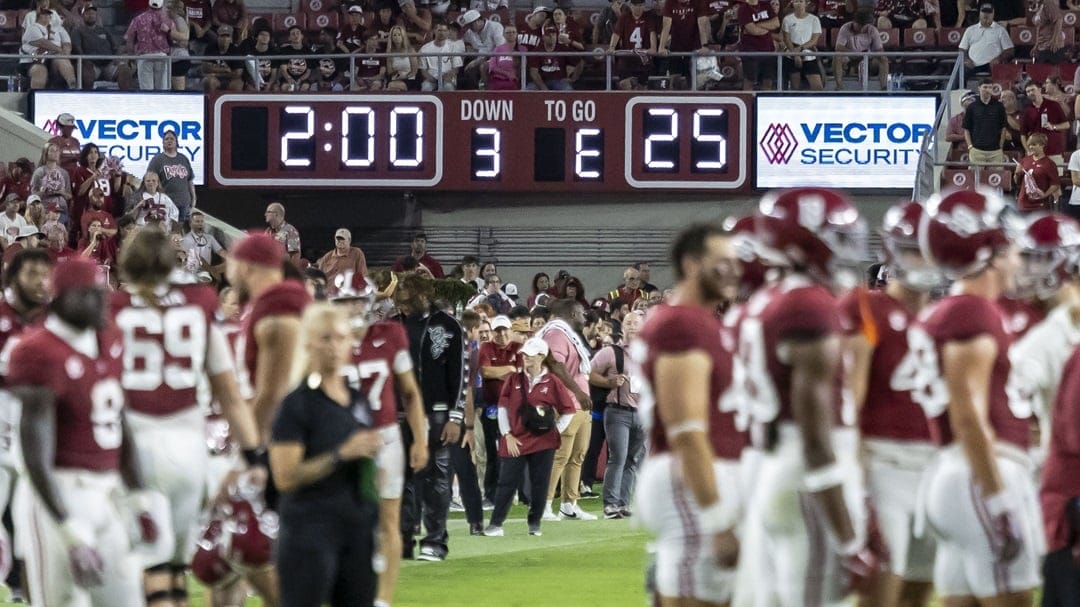 The two-minute warning arrives during the second half of an NCAA college football game between Western Kentucky and Alabama, Saturday, Aug. 31, 2024, in Tuscaloosa, Ala. The timeout at two minutes to go in each half is new for college football this year.