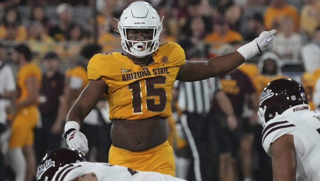 Arizona State defensive lineman Elijah O'Neal (15) against Mississippi State in the first half during an NCAA college football game, Saturday, Sept. 7, 2024, in Tempe, Ariz.