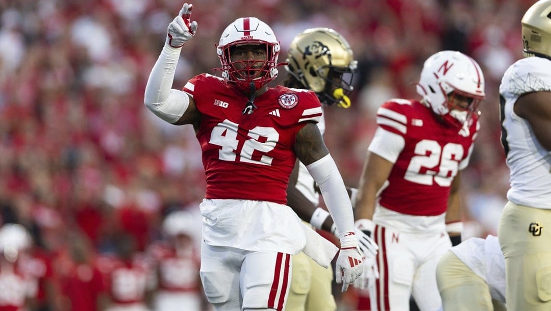 Nebraska linebacker Mikai Gbayor (42) celebrates a play against Colorado during the first half of an NCAA college football game Saturday, Sept. 7, 2024, in Lincoln, Neb.