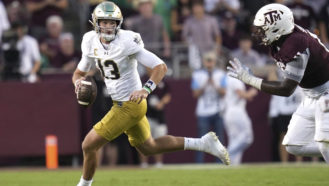 Notre Dame quarterback Riley Leonard (13) looks to pass against Texas A&M during the first quarter of an NCAA college football game Saturday, Aug. 31, 2024, in College Station, Texas.