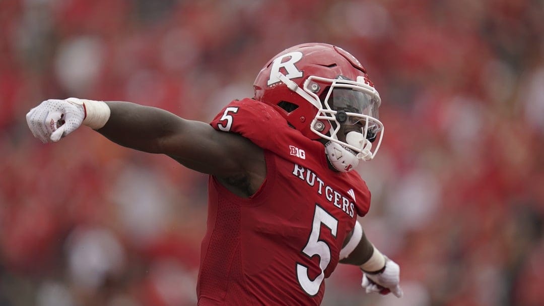 Rutgers running back Kyle Monangai celebrates after scoring a touchdown during a football game against Akron on Saturday, Sept. 7, 2024 in Piscataway, N.J. Rutgers won 49-17