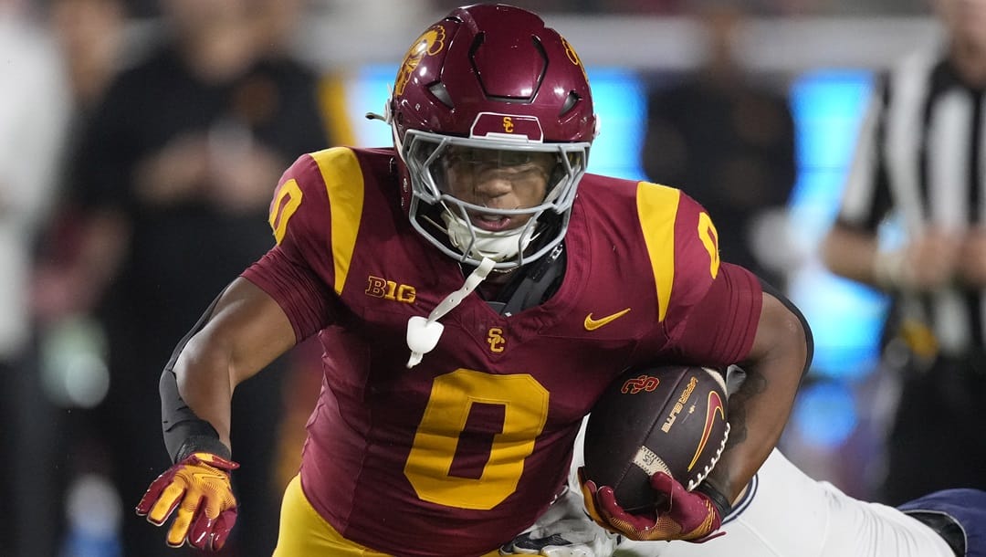 Southern California running back Quinten Joyner runs the ball during the first half of an NCAA college football game against Utah State, Saturday, Sept. 7, 2024, in Los Angeles.