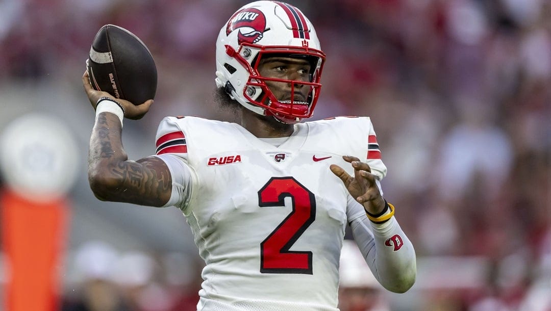 Western Kentucky quarterback TJ Finley (2) throws the ball against Alabama during the first half of an NCAA college football game, Saturday, Aug. 31, 2024, in Tuscaloosa, Ala.