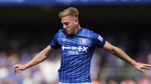 Ipswich Town's Liam Delap in action during the English Premier League soccer match between Ipswich Town and Liverpool, at Portman Road stadium in Ipswich, England, Saturday, Aug. 17, 2024.