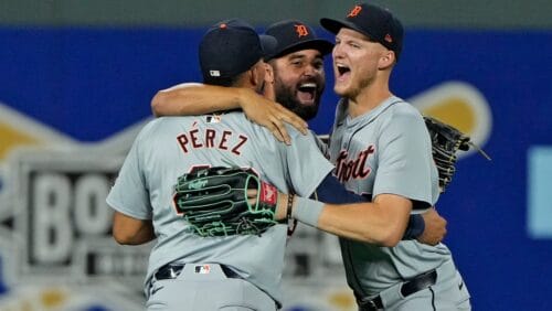 Detroit Tigers' Parker Meadows, right, Riley Greene, center and Wenceel Perez celebrate after their baseball game against the Kansas City Royals Wednesday, Sept. 18, 2024, in Kansas City, Mo. The Tigers won 4-2.