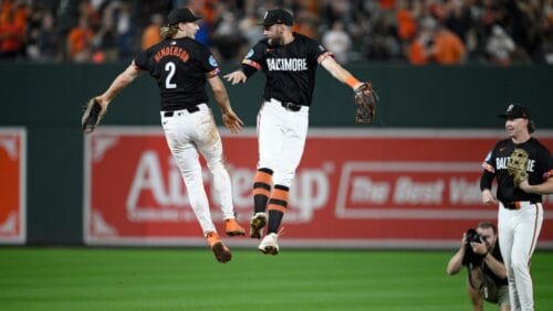 Baltimore Orioles' Gunnar Henderson (2) and Colton Cowser, second from left, and Heston Kjerstad, right, celebrate after a baseball game against the Detroit Tigers, Friday, Sept. 20, 2024, in Baltimore.