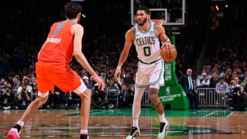 Jayson Tatum #0 of the Boston Celtics looks on during the game against the Oklahoma City Thunder on April 3, 2024 at the TD Garden in Boston, Massachusetts.