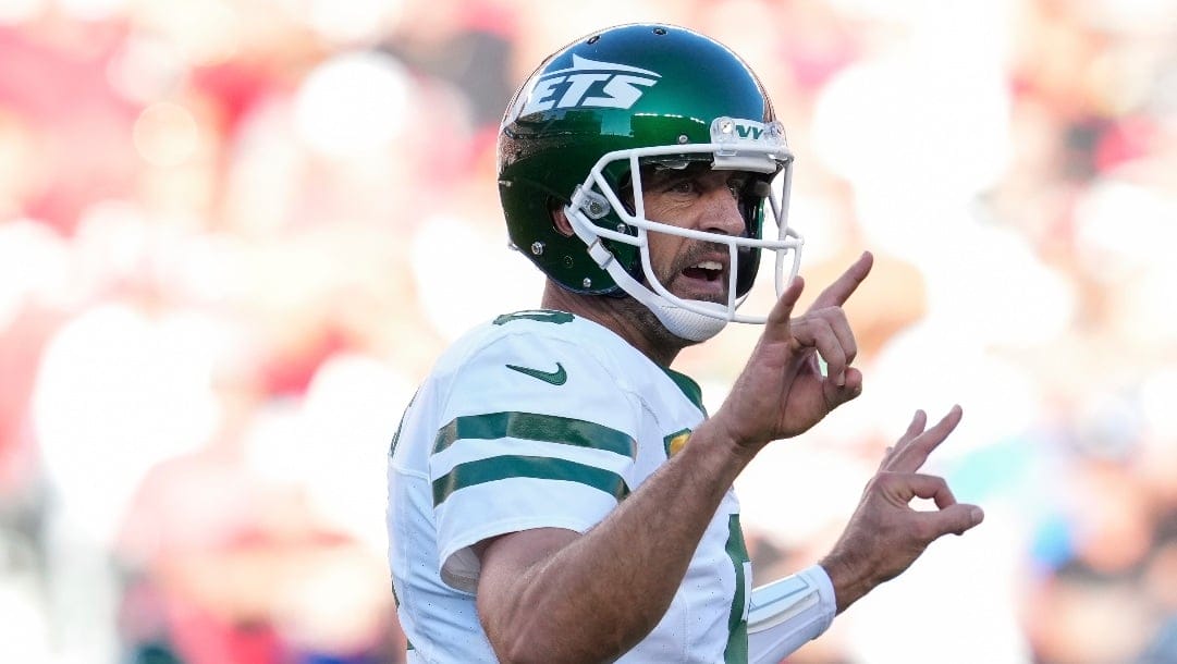 New York Jets quarterback Aaron Rodgers gestures during the first half of an NFL football game against the San Francisco 49ers, Monday, Sept. 9, 2024, in Santa Clara, Calif. (AP Photo/Godofredo A. Vásquez)