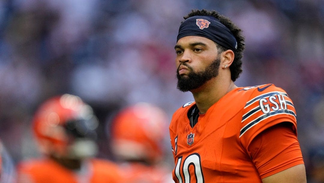 Chicago Bears quarterback Caleb Williams (18) before an NFL football game Sunday, Sunday, Sept. 15, 2024, in Houston. (AP Photo/Eric Gay)