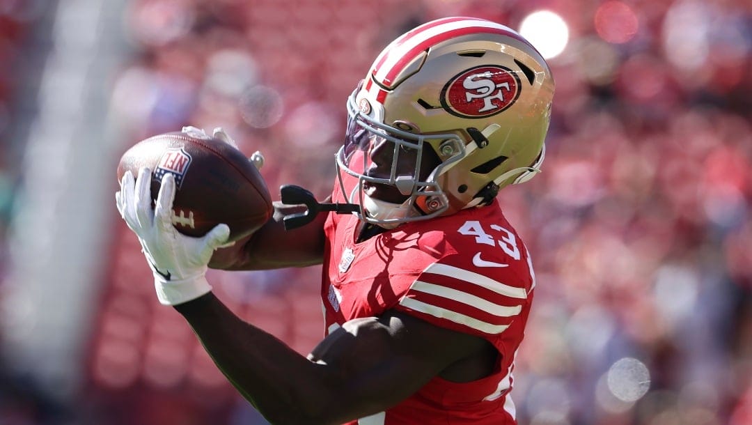 San Francisco 49ers safety Malik Mustapha (43) warms up before a preseason NFL football game against the New Orleans Saints in Santa Clara, Calif., Sunday, Aug. 18, 2024. (AP Photo/Jed Jacobsohn)