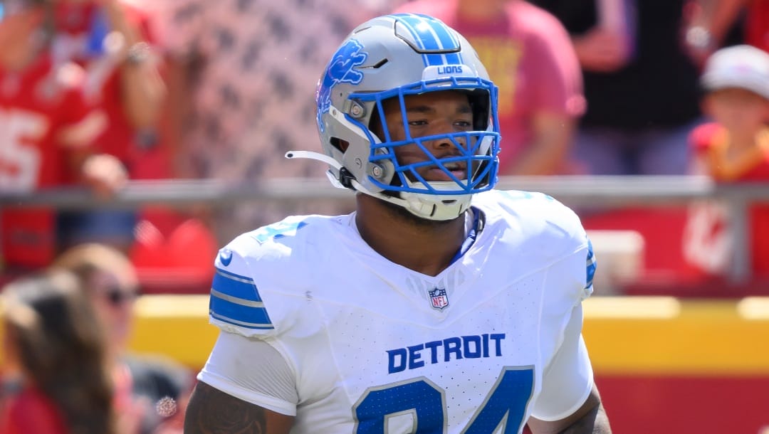 Detroit Lions defensive tackle Mekhi Wingo comes onto the field before an NFL football game against the Kansas City Chiefs, Saturday, Aug. 17, 2024 in Kansas City, Mo. (AP Photo/Reed Hoffmann)