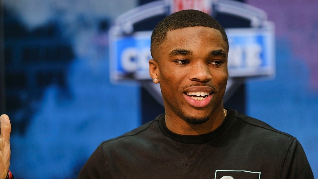 FILE - In this Feb. 28, 2020, file photo, Ohio State defensive back Jeff Okudah speaks during a news conference at the NFL football scouting combine in Indianapolis. Okudah is a possible pick at the NFL Draft which runs Thursday, April 23, 2020, thru Saturday, April 25.