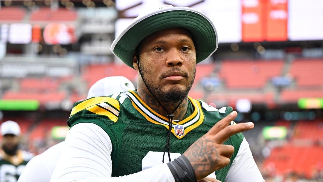 Green Bay Packers defensive end Preston Smith (91) walks on the sideline during an NFL preseason football game against the Cleveland Browns, Saturday, Aug. 10, 2024, in Cleveland. The Packers won 23-10. (AP Photo/David Richard)