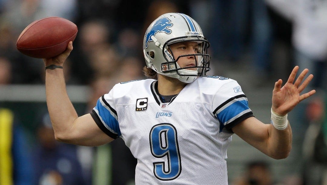 Detroit Lions quarterback Matthew Stafford (9) against the Oakland Raiders during an NFL football game in Oakland, Calif., Sunday, Dec. 18, 2011. (AP Photo/Paul Sakuma)