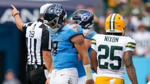 Tennessee Titans' Will Levis reacts after losing the ball on a sack during the second half of an NFL football game against the Green Bay Packers Sunday, Sept. 22, 2024, in Nashville, Tenn.