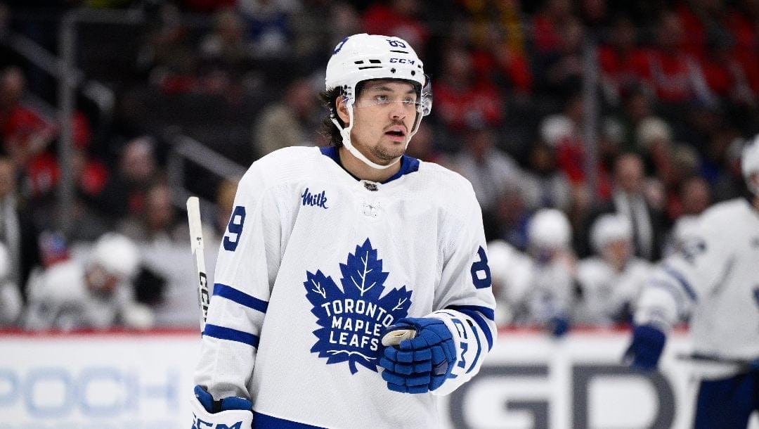 Toronto Maple Leafs left wing Nicholas Robertson (89) looks on during the second period of an NHL hockey game against the Washington Capitals, Wednesday, March 20, 2024, in Washington.