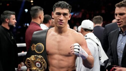 Dmitry Bivol, of Kyrgyzstan, celebrates after winning a light heavyweight title boxing match against Canelo Alvarez.