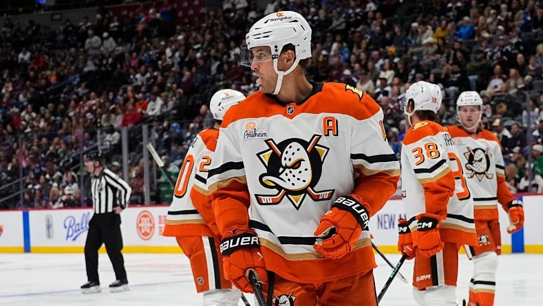 Anaheim Ducks defenseman Cam Fowler (4) in the first period of an NHL hockey game Friday, Oct. 18, 2024, in Denver. (AP Photo/David Zalubowski)