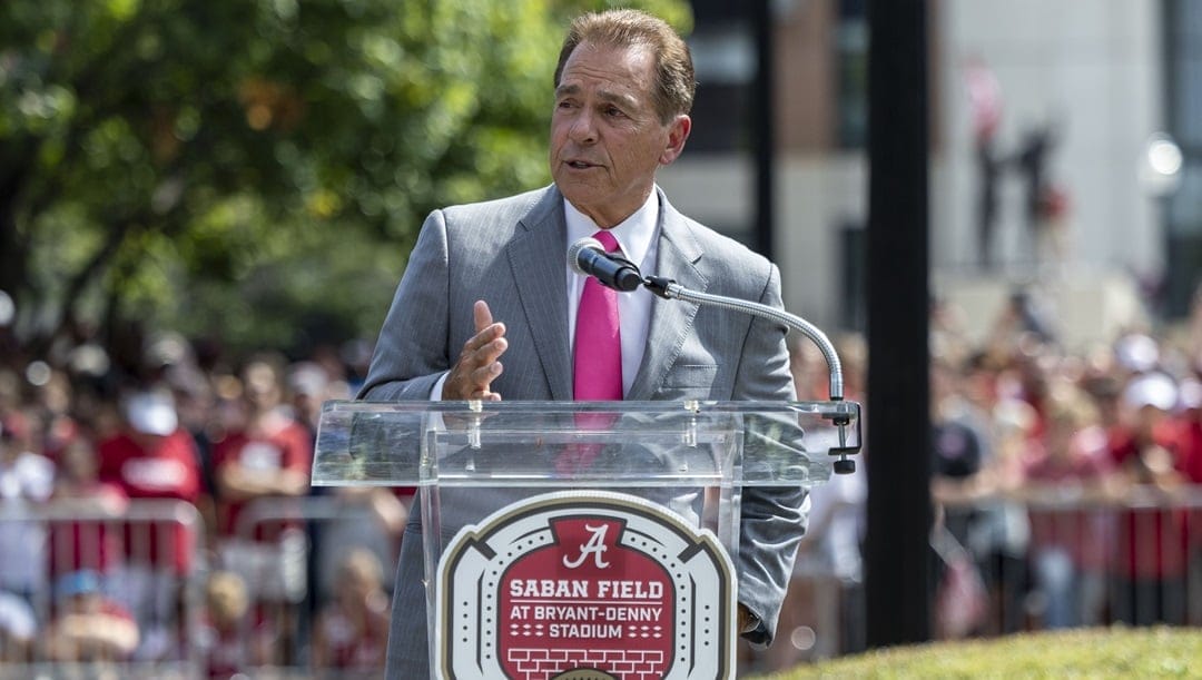 Former Alabama football head coach Nick Saban speaks as the University of Alabama honors him with a stadium renaming, before an NCAA college football game, Saturday, Sept. 7, 2024, in Tuscaloosa, Ala. Alabama's football stadium will now be known as Saban Field at Bryant-Denny Stadium.