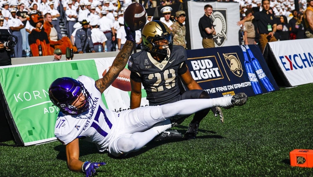 East Carolina wide receiver Anthony Smith (17) scores a touchdown against Army cornerback Donavon Platt (28) during an NCAA colleague football game on Saturday, Oct. 19, 2024, in West Point, N.Y.