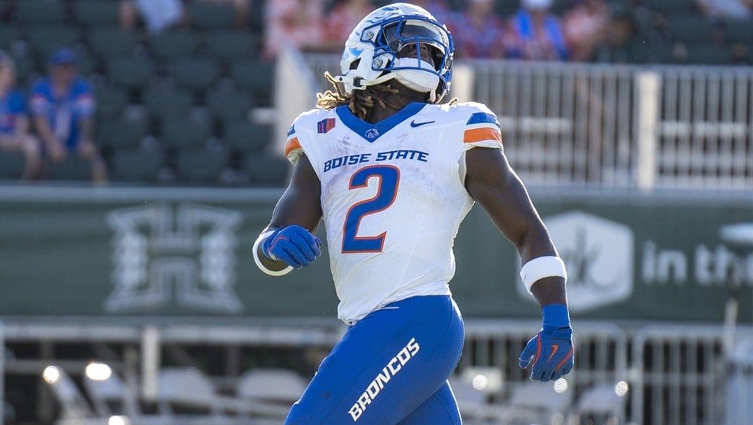 Boise running back Ashton Jeanty (2) runs during a warm up before an NCAA college football game against Hawaii, Saturday, Oct. 12, 2024, in Honolulu.