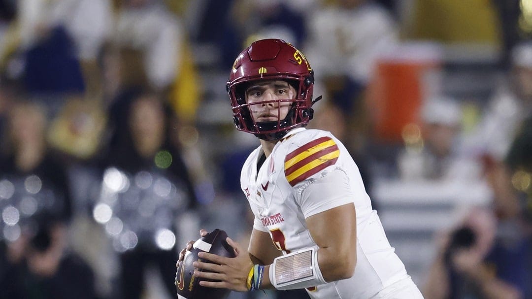 Iowa State quarterback Rocco Becht (3) looks to pass during the third quarter an NCAA football game against West Virginia on Saturday, Oct. 12, 2024, in Morgantown W.Va. Iowa State won 28-16.